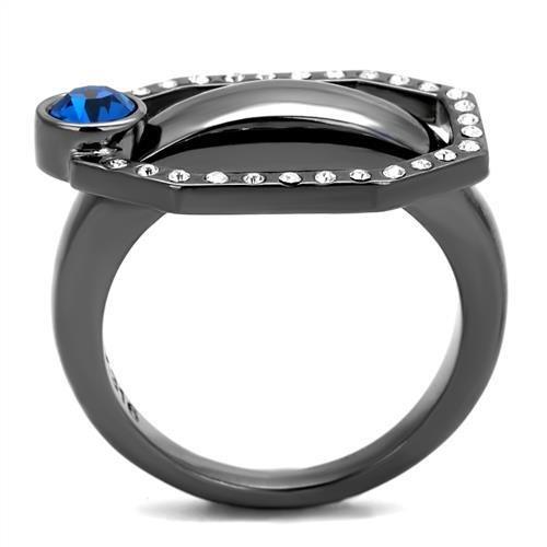 TK2809 IP Light Black Stainless Steel Ring with Capri Blue Top Grade Crystal, showcasing a modern design and elegant finish.