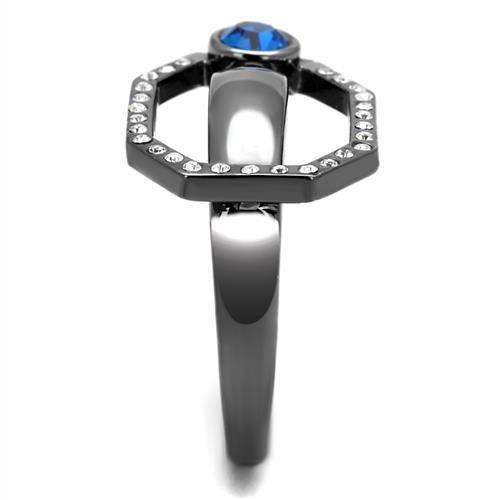 TK2809 IP Light Black Stainless Steel Ring with Capri Blue Top Grade Crystal, showcasing a modern design and elegant finish.