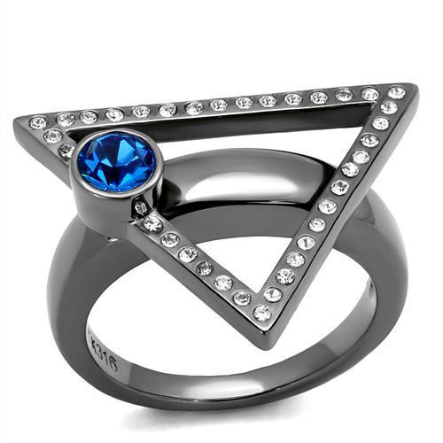 TK2810 IP Light Black Stainless Steel Ring featuring a Capri Blue Top Grade Crystal, showcasing its elegant design and modern finish.