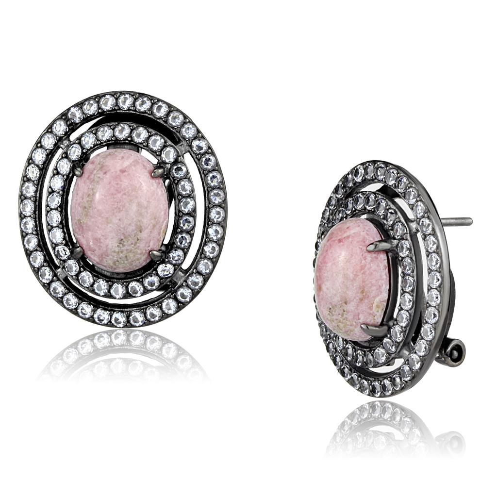 TK2822 IP Light Black Stainless Steel Earrings featuring light rose coral stones, showcasing a modern design and elegant finish.