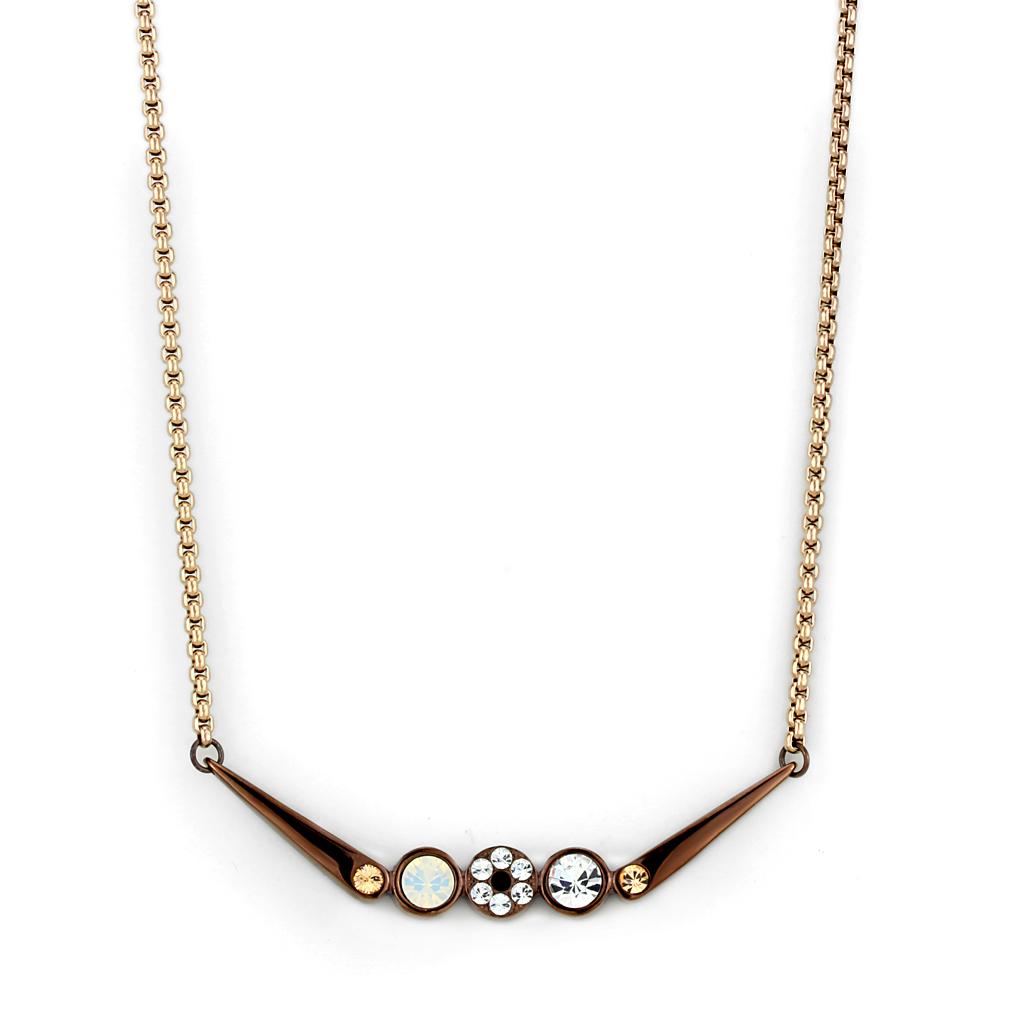 TK2823 necklace featuring IP rose gold and light coffee stainless steel with a multi-color crystal centerpiece, elegantly designed for modern fashion.