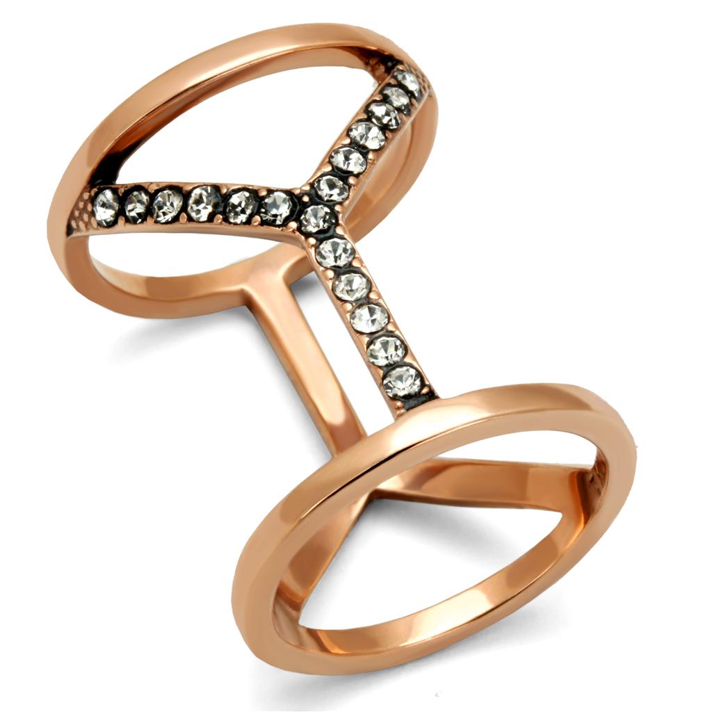 TK2825 IP Rose Gold Stainless Steel Ring featuring a clear top-grade crystal centerpiece, showcasing a luxurious and elegant design.