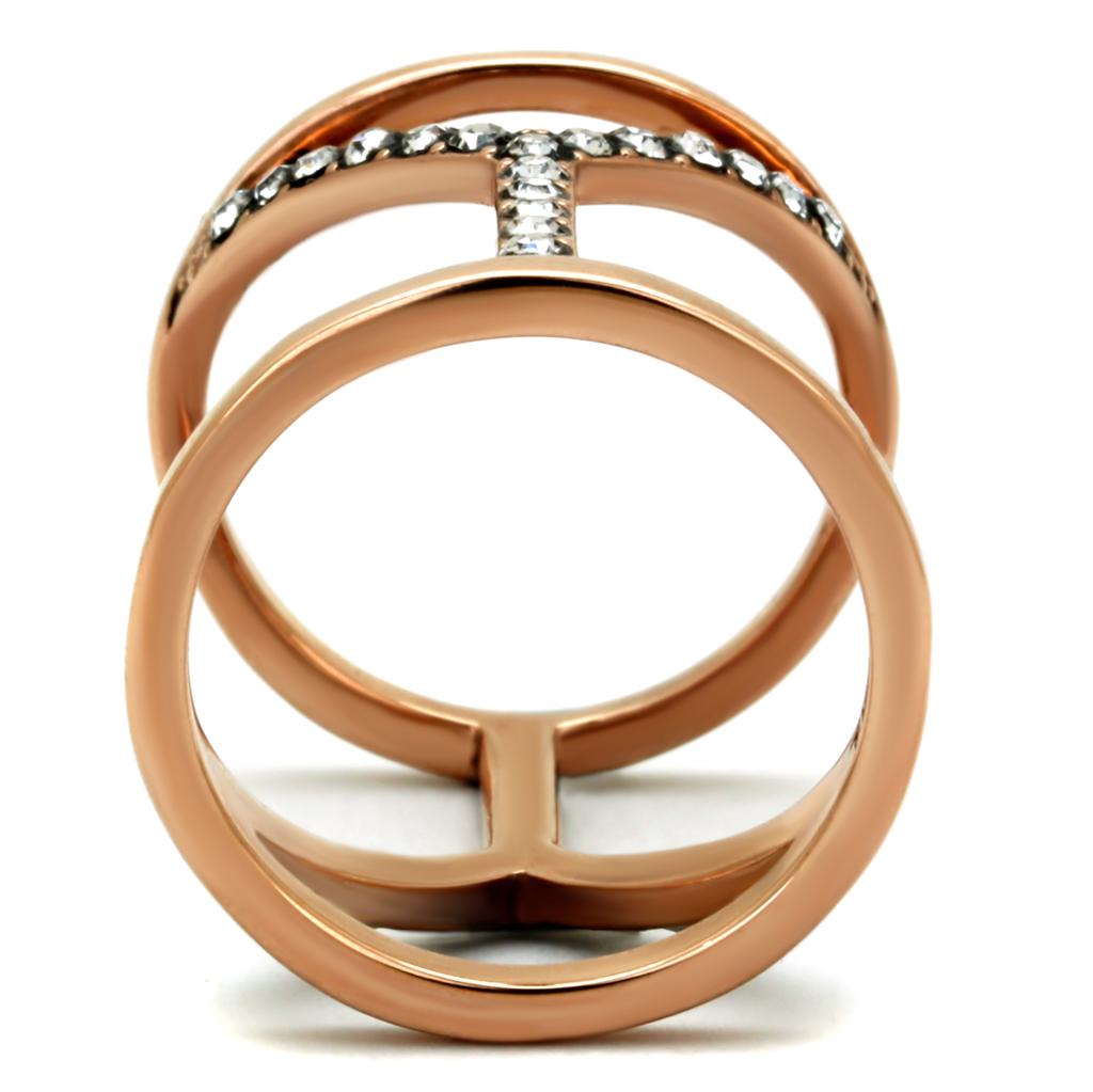 TK2825 IP Rose Gold Stainless Steel Ring featuring a clear top-grade crystal centerpiece, showcasing a luxurious and elegant design.