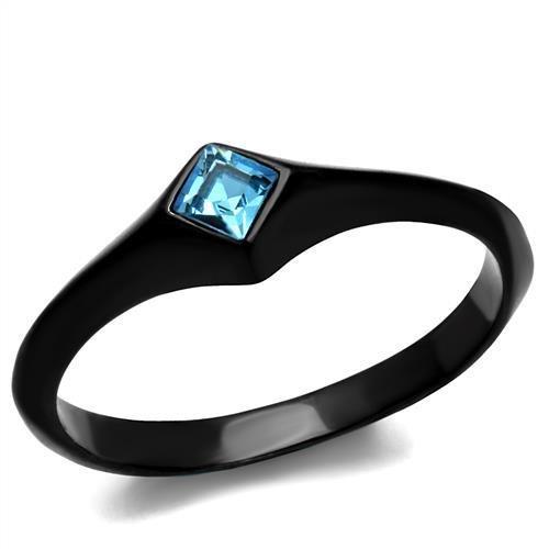 TK2284 IP Black Stainless Steel Ring featuring a sea blue top grade crystal, showcasing a modern design with a sleek finish.