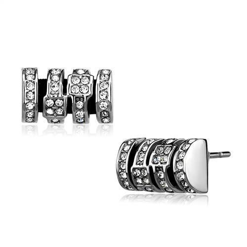 High polished stainless steel earrings featuring a clear top grade crystal centerpiece, showcasing elegance and shine.