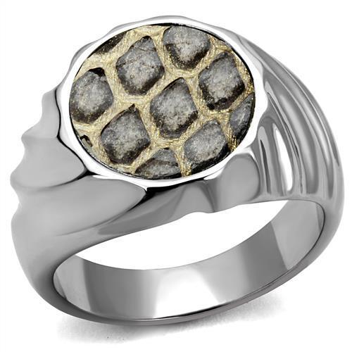 TK2859 High Polished Stainless Steel Ring featuring a unique leather center stone with an animal pattern design.