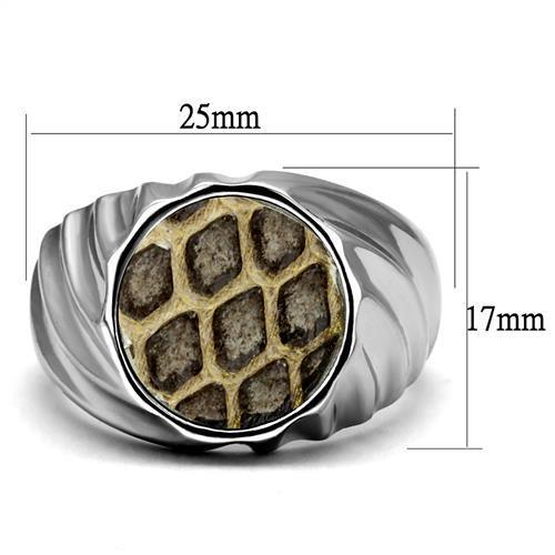 TK2859 High Polished Stainless Steel Ring featuring a unique leather center stone with an animal pattern design.