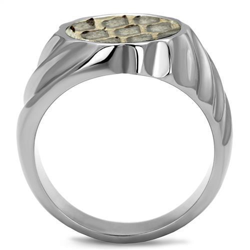 TK2859 High Polished Stainless Steel Ring featuring a unique leather center stone with an animal pattern design.