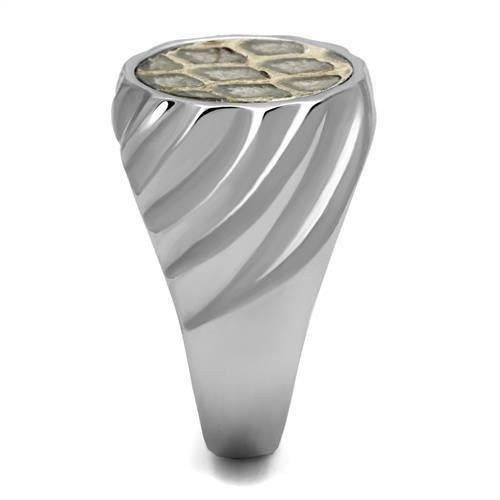 TK2859 High Polished Stainless Steel Ring featuring a unique leather center stone with an animal pattern design.