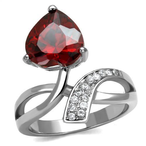 TK2863 High Polished Stainless Steel Ring featuring a AAA Garnet center stone, showcasing a sleek and shiny design.