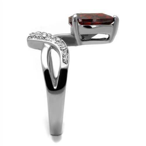 TK2863 High Polished Stainless Steel Ring featuring a AAA Garnet center stone, showcasing a sleek and shiny design.