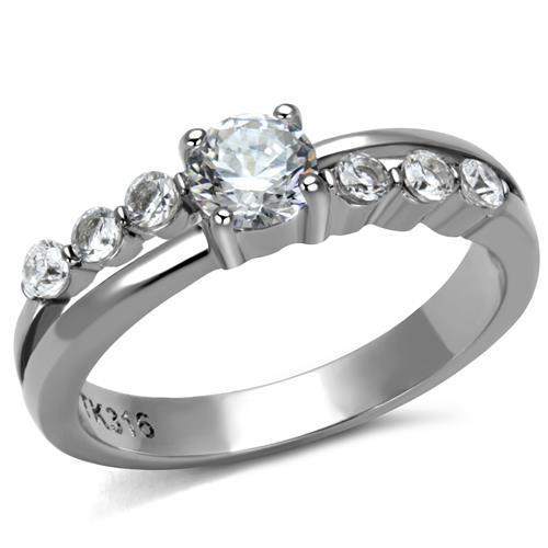 TK2865 High Polished Stainless Steel Ring featuring a clear AAA Grade CZ stone, showcasing its elegant design and shiny finish.