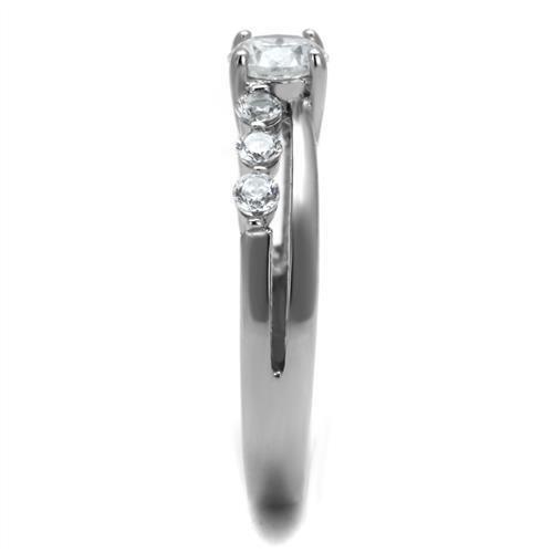 TK2865 High Polished Stainless Steel Ring featuring a clear AAA Grade CZ stone, showcasing its elegant design and shiny finish.