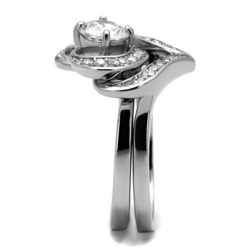 TK2868 High Polished Stainless Steel Ring featuring a clear AAA Grade CZ center stone, showcasing its elegant design and shiny finish.