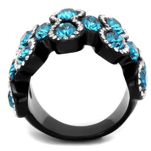 TK2289 IP Black Stainless Steel Ring featuring a top-grade aquamarine crystal, showcasing a modern design with a sleek finish.