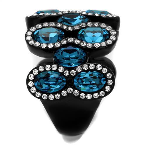 TK2289 IP Black Stainless Steel Ring featuring a top-grade aquamarine crystal, showcasing a modern design with a sleek finish.