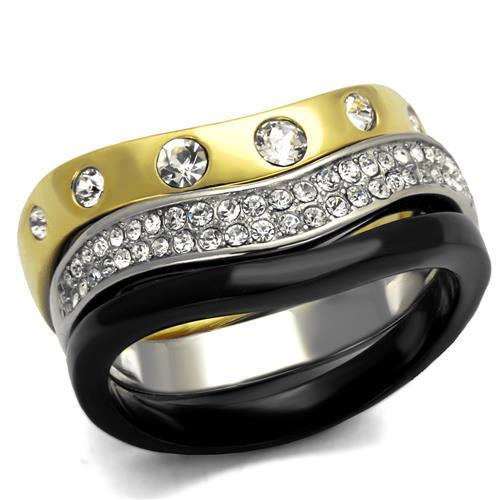 TK2299 IP Gold+ IP Black stainless steel ring featuring a clear top-grade crystal center stone, showcasing a luxurious dual-tone finish.