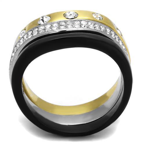 TK2299 IP Gold+ IP Black stainless steel ring featuring a clear top-grade crystal center stone, showcasing a luxurious dual-tone finish.