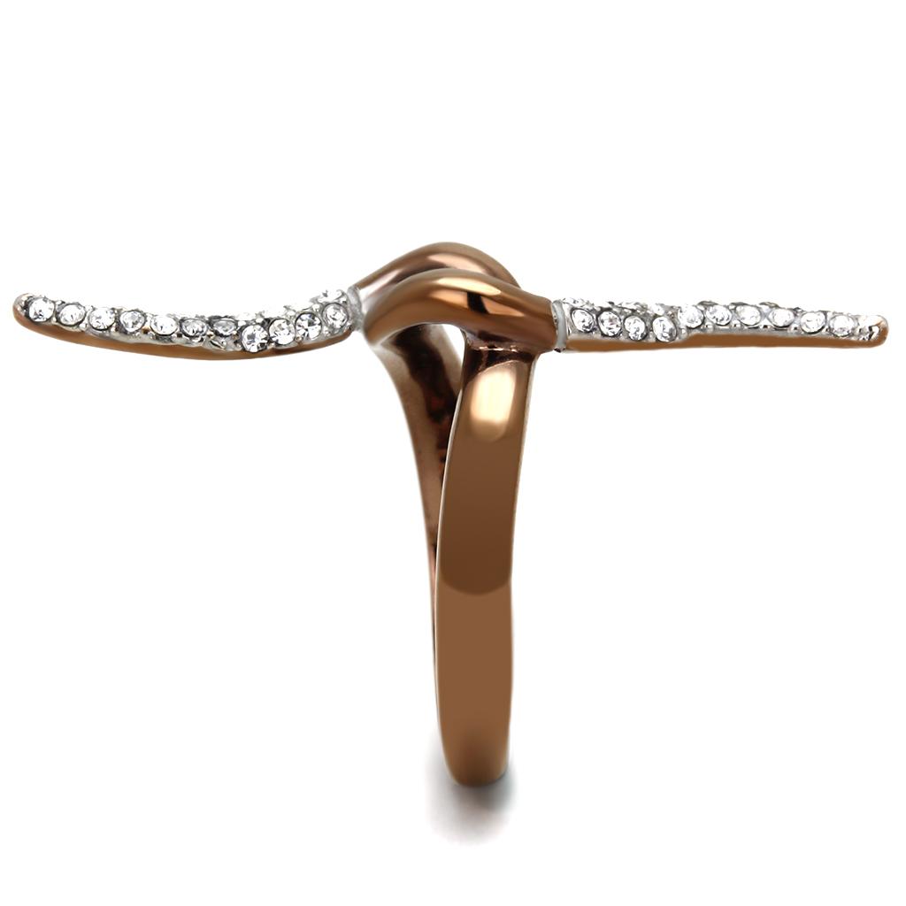 TK2991 Two Tone IP Light Brown Stainless Steel Ring featuring a clear top-grade crystal, showcasing a modern and elegant design.