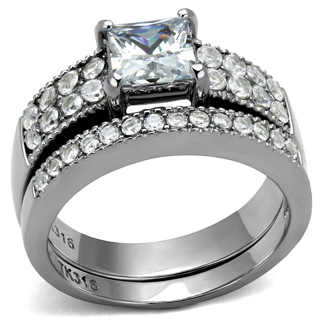 TK2915 High Polished Stainless Steel Ring featuring a clear AAA Grade CZ stone, showcasing its elegant design and shiny finish.