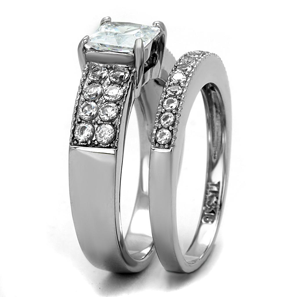 TK2915 High Polished Stainless Steel Ring featuring a clear AAA Grade CZ stone, showcasing its elegant design and shiny finish.