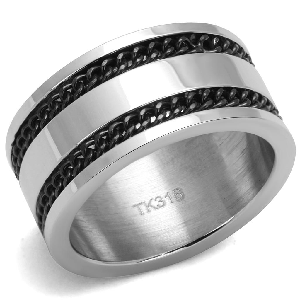 TK2927 High Polished Stainless Steel Ring featuring a jet epoxy center stone, showcasing a sleek and modern design.