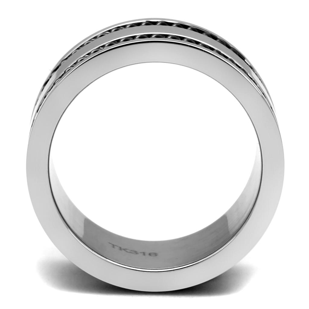 TK2927 High Polished Stainless Steel Ring featuring a jet epoxy center stone, showcasing a sleek and modern design.