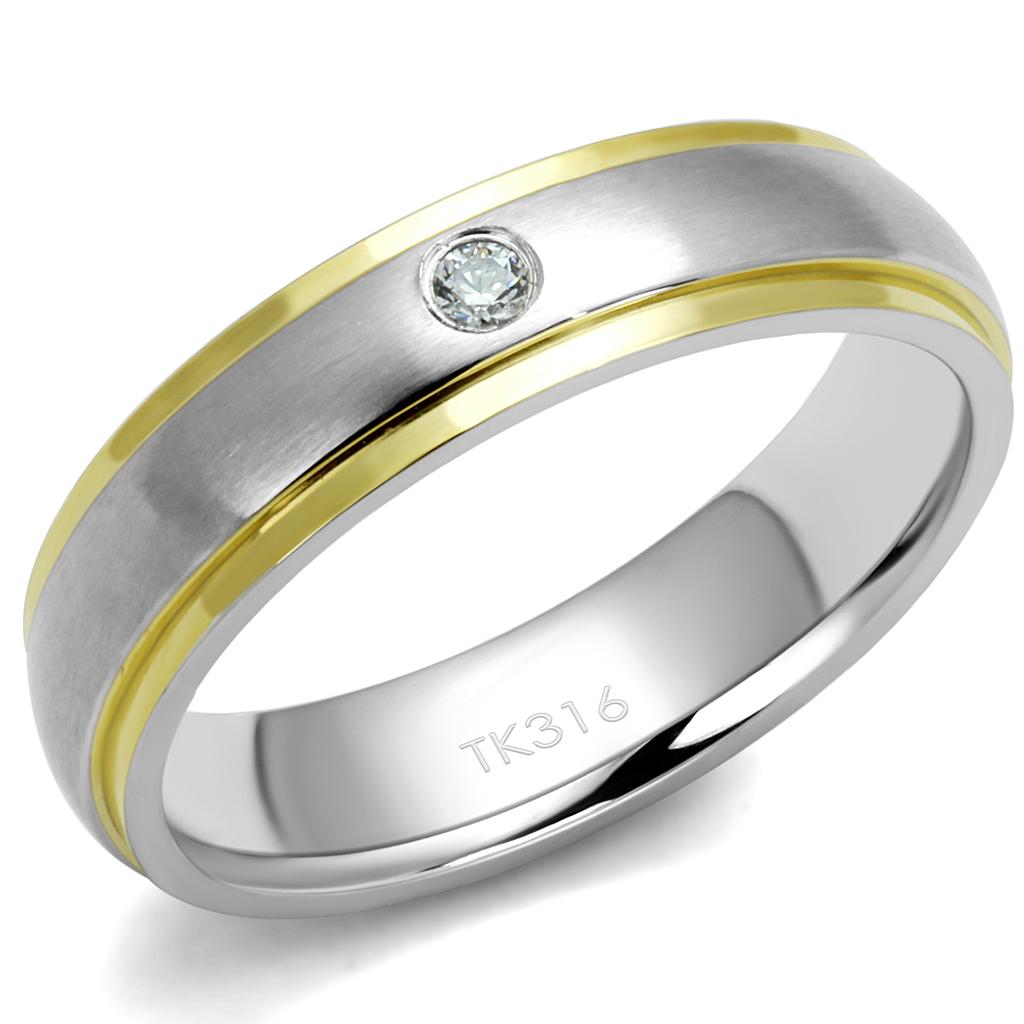 TK2938 Two-Tone IP Gold Stainless Steel Ring featuring a clear AAA grade CZ stone, showcasing a stylish and elegant design.