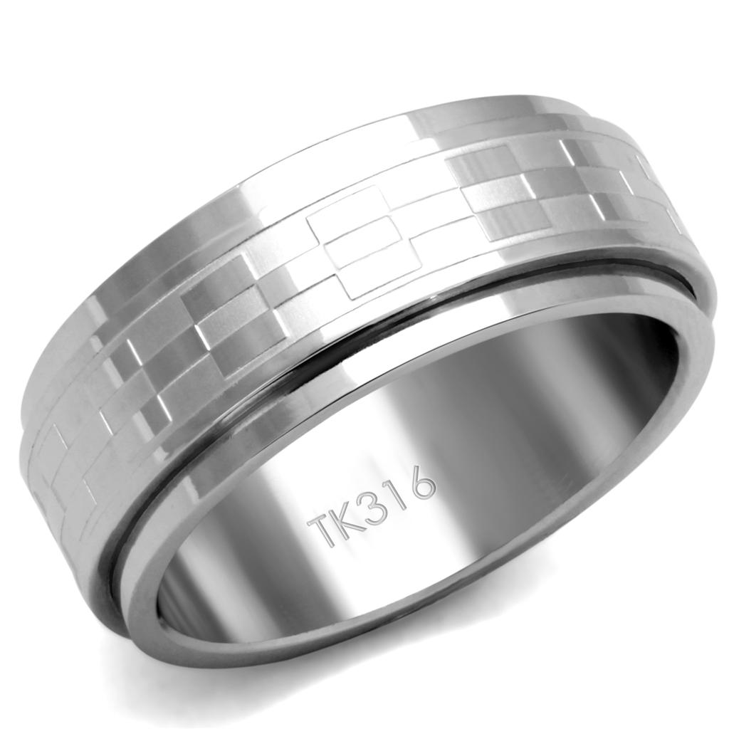 High polished stainless steel ring with a sleek design, no stone, showcasing its elegant finish.