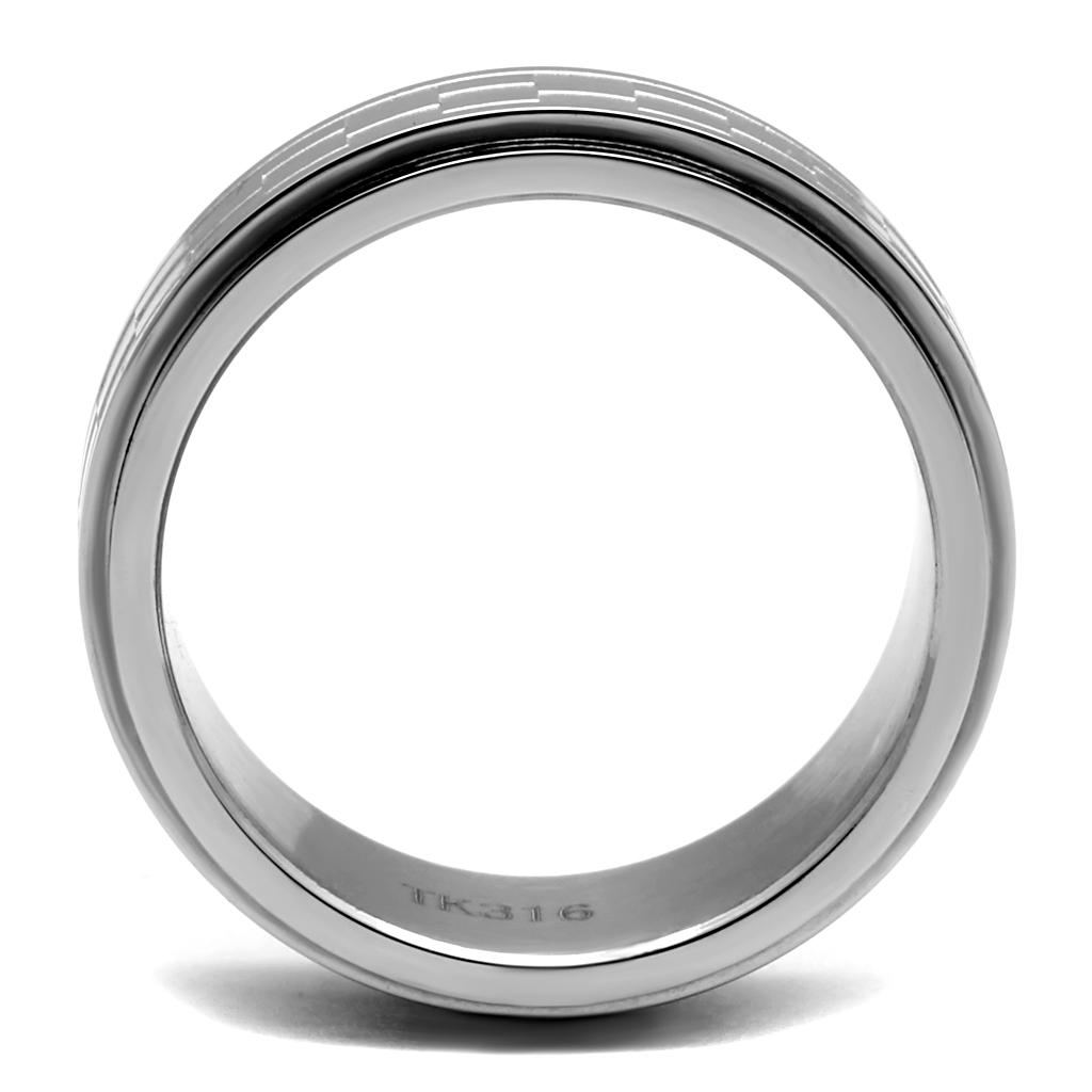 High polished stainless steel ring with a sleek design, no stone, showcasing its elegant finish.