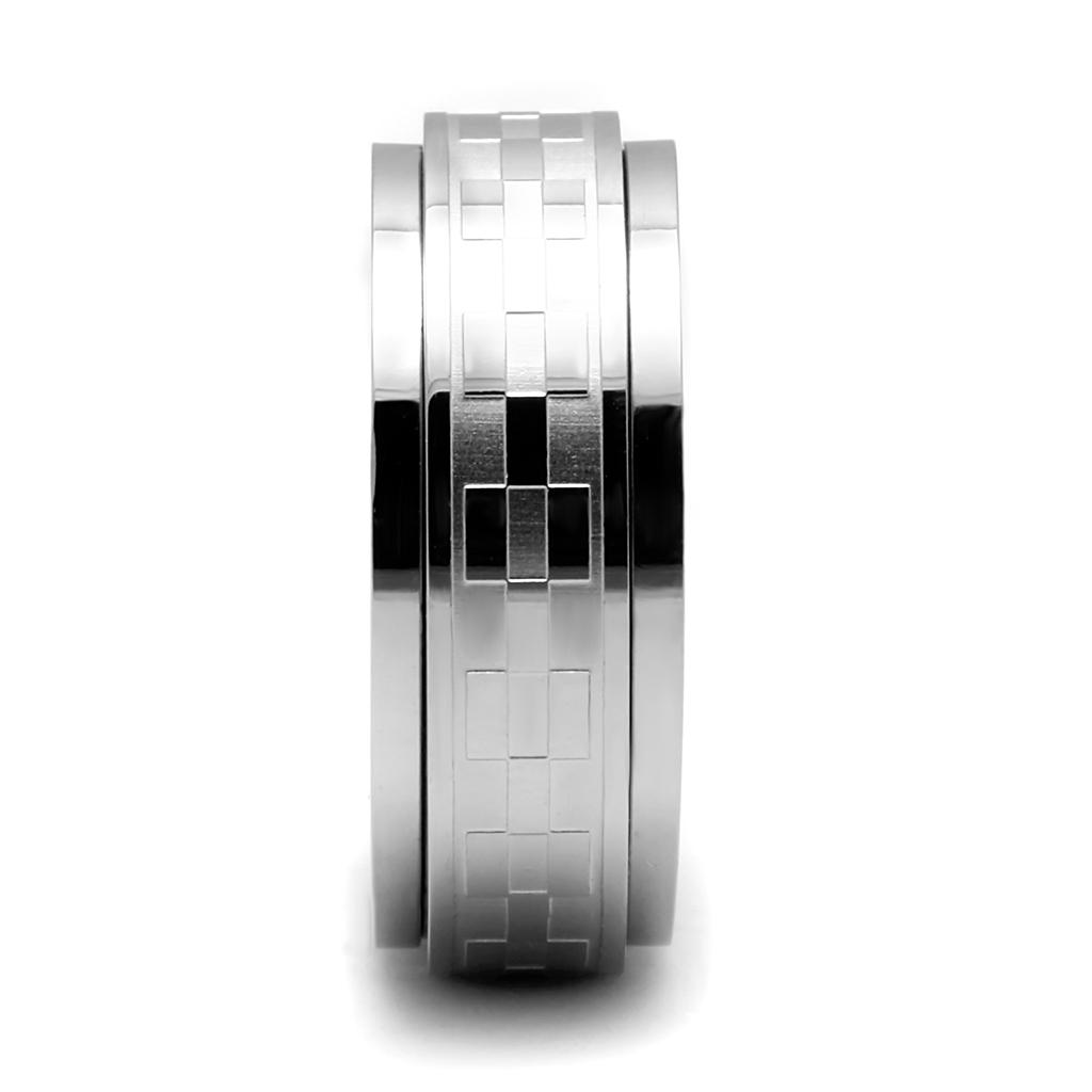 High polished stainless steel ring with a sleek design, no stone, showcasing its elegant finish.