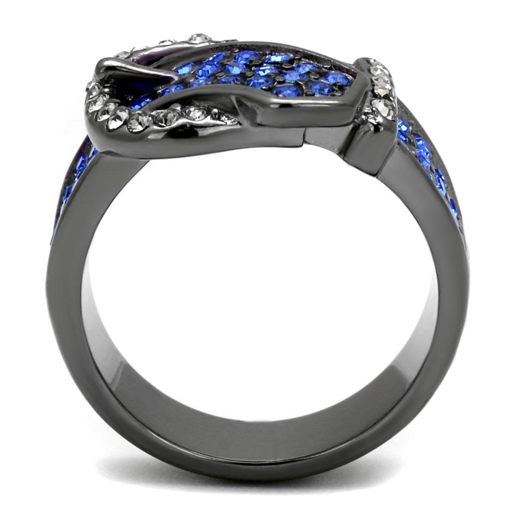 TK2995 IP Light Black Stainless Steel Ring featuring a top grade multi-color crystal centerpiece, showcasing a modern and elegant design.