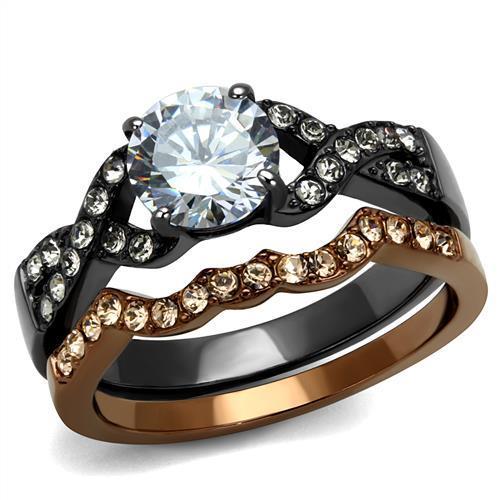 TK2958 IP Light Black and Coffee Stainless Steel Ring featuring a clear AAA Grade CZ stone, showcasing a modern and elegant design.