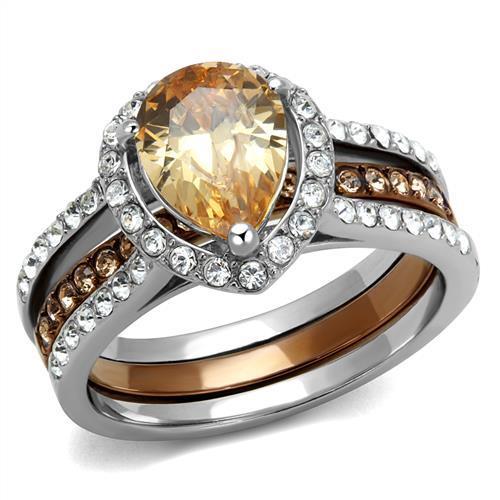 TK2961 Two Tone IP Light Brown Stainless Steel Ring featuring a champagne AAA Grade CZ stone, showcasing a modern and elegant design.