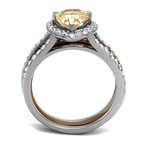 TK2961 Two Tone IP Light Brown Stainless Steel Ring featuring a champagne AAA Grade CZ stone, showcasing a modern and elegant design.