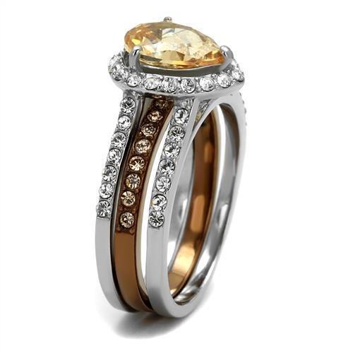 TK2961 Two Tone IP Light Brown Stainless Steel Ring featuring a champagne AAA Grade CZ stone, showcasing a modern and elegant design.