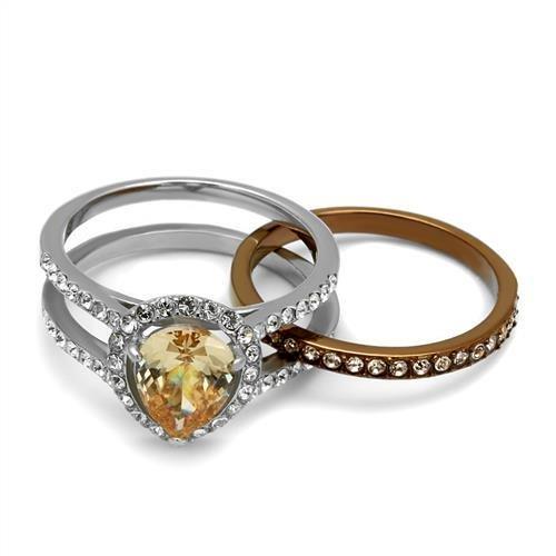 TK2961 Two Tone IP Light Brown Stainless Steel Ring featuring a champagne AAA Grade CZ stone, showcasing a modern and elegant design.