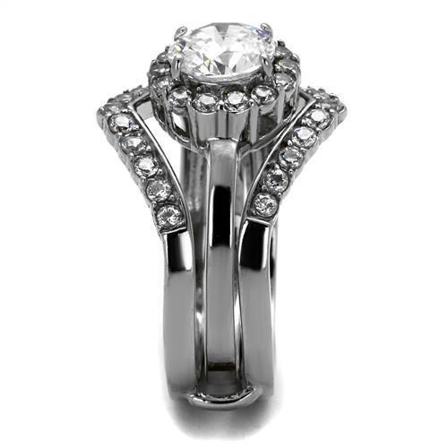 TK2297 High Polished Stainless Steel Ring featuring a clear AAA grade cubic zirconia center stone, showcasing its elegant design.