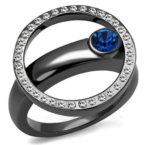 TK2974 IP Light Black Stainless Steel Ring featuring a Capri Blue Top Grade Crystal, showcasing a modern and elegant design.