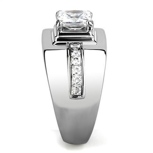 TK3011 High Polished Stainless Steel Ring featuring a clear AAA Grade CZ stone, showcasing its elegant design and shiny finish.