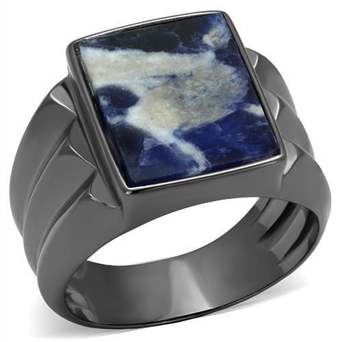 TK3012 IP Light Black Stainless Steel Ring featuring a semi-precious Sodalite stone in Capri Blue, showcasing a modern design.