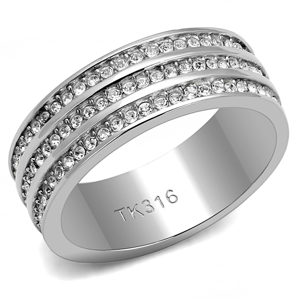 TK3028 High Polished Stainless Steel Ring featuring a clear top grade crystal centerpiece, showcasing a sleek and shiny design.