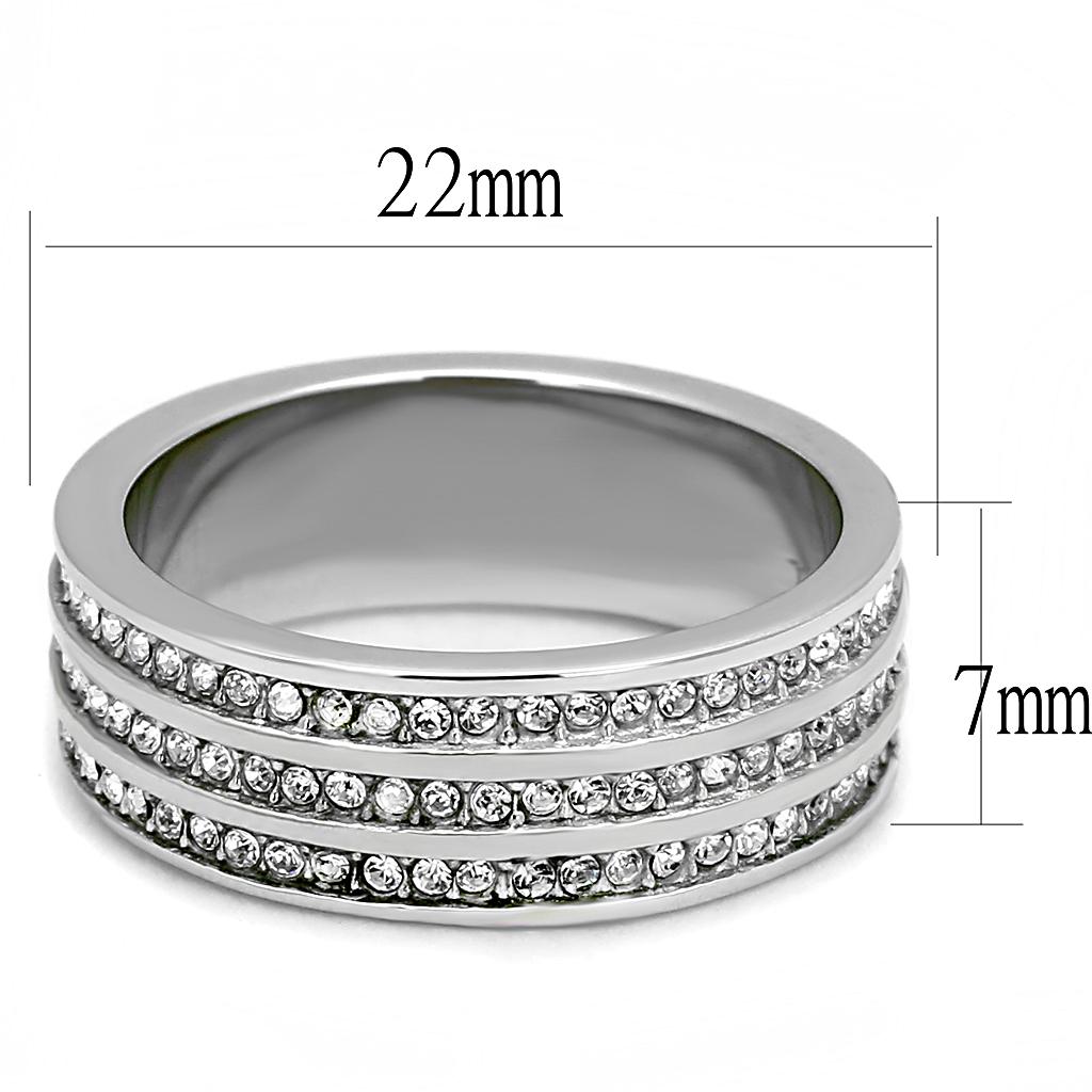 TK3028 High Polished Stainless Steel Ring featuring a clear top grade crystal centerpiece, showcasing a sleek and shiny design.