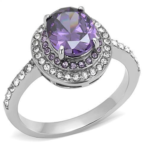 TK3032 High Polished Stainless Steel Ring featuring AAA Amethyst center stone, showcasing a sleek and shiny design.