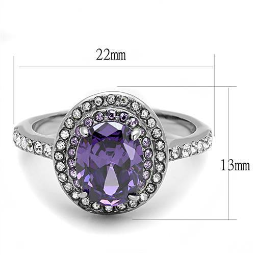 TK3032 High Polished Stainless Steel Ring featuring AAA Amethyst center stone, showcasing a sleek and shiny design.