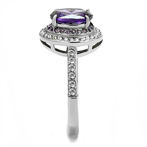 TK3032 High Polished Stainless Steel Ring featuring AAA Amethyst center stone, showcasing a sleek and shiny design.