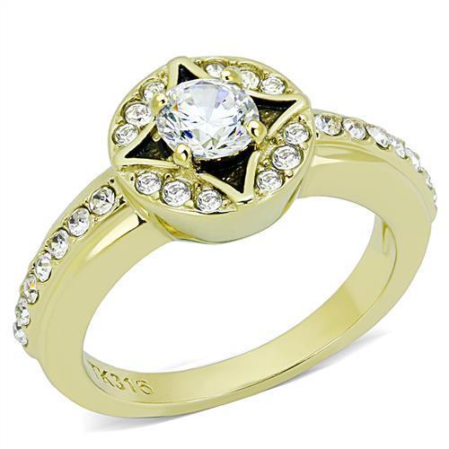 TK3034 IP Gold Stainless Steel Ring featuring a clear AAA Grade CZ stone, showcasing elegance and durability.