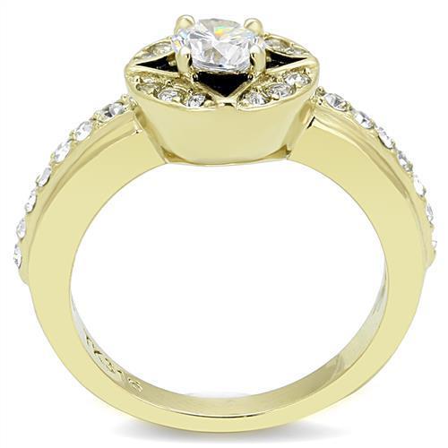 TK3034 IP Gold Stainless Steel Ring featuring a clear AAA Grade CZ stone, showcasing elegance and durability.