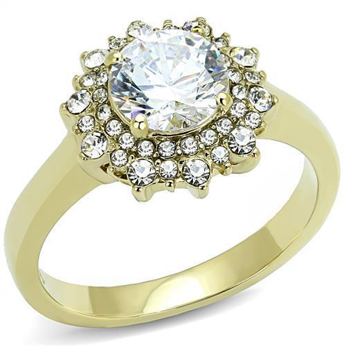 TK3035 IP Gold Stainless Steel Ring featuring a clear AAA Grade CZ stone, showcasing its elegant design and luxurious finish.