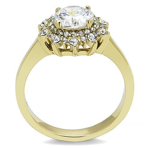 TK3035 IP Gold Stainless Steel Ring featuring a clear AAA Grade CZ stone, showcasing its elegant design and luxurious finish.